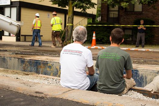 James O. Michel (left) and Derek Pelotte (right) block construction on the West Roxbury Lateral pipeline